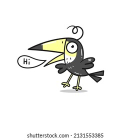 Tarjeta con un lindo toucan de dibujos animados. Impresión de garabatos vectoriales. Afiche de pájaro divertido de líneas de arte.