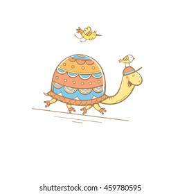 Card with cute cartoon  turtle on roller skates and birds. Sport walk. Children's illustration. Funny animals. Vector colorful  image.