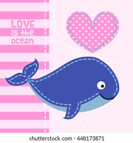 Card with cute cartoon whale in patchwork style. Art vector illustration.