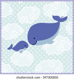 Card with cute cartoon whales - mother and baby in clouds on blue dotted background. Vector illustration.