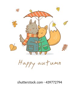 Card with cute cartoon wolf and fox in love. Funny animals under  umbrella. Autumn time. Falling leaves. Rainy weather. Children's illustration. Vector image.