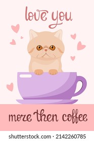 A card with a cute cat. Cartoon design.
