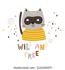 Card with cute cat on a white background. Kids print. Vector Illustration