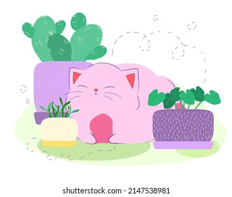 Card with cute cat with pots. Vector