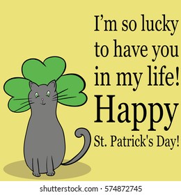 Card with cute cat  for st.patrick's day in pastel colors