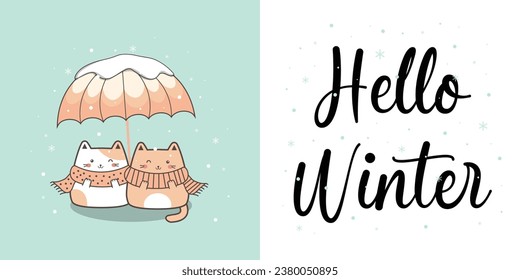 Card cute cat with umbrella and snowflake. Happy winter. Vector illustration. For card, poster, wallpaper