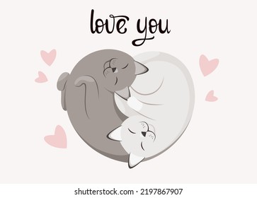 Card With Cute Cats. Love You. Cartoon Design.