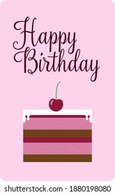 Card with cute cherry cake and lettering "Happy Birthday" on pink background.