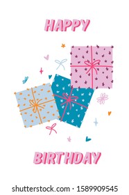 Card with cute colorful gift or present  boxes with bows and stars. Congratulation, Happy Birthday, greeting print design for fabric, cards, invitation. Isolated on white background. Flat. Vector.