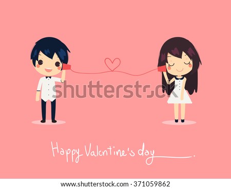 card of cute couple call on paper phone. they wear couple's dress and shirt with tex Happy valentine's day.