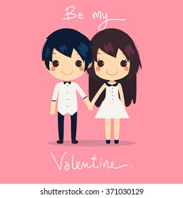 card of cute couple hold hands together. they wear couple's dress and shirt with text be my valentine