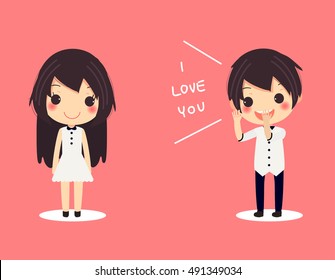 card of cute couple man shout to woman that I love you . they wear couple's dress and shirt .vector illustration