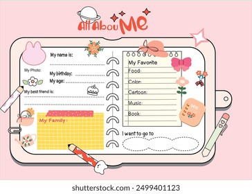 card, cute cover, new cove, new book. Back to school, cartoon all about me and study,  new students boy and girl 