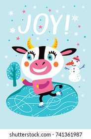 Card with a cute cow. Joy. Winter outdoor activity. Childish vector illustration.