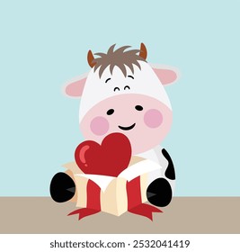 Card with cute cow opening surprise heart box