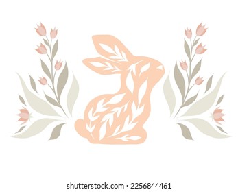 Tarjeta con un bonito conejo decorado en guirnalda con tallos y flores en tonos pastel. Vector de arte folclórico liebre con follaje. Clipart horizontal suave con animal ornamental para banner, tarjeta de saludo