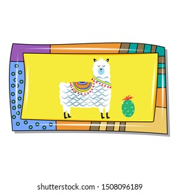 Card with a cute decorative animal in the original frame. Children's card for holidays, birthdays, sticker, ceramic tile template