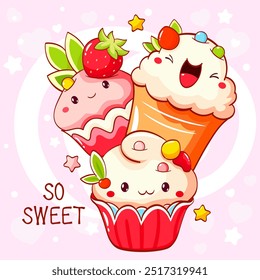 Tarjeta con postre lindo en estilo kawaii. Pastel, muffin y cupcake con crema batida y bayas. Inscripción Tan dulce. Puede ser utilizado para la impresión de la camiseta, etiqueta engomada, tarjeta de felicitación. Ilustración vectorial EPS8