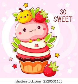 Tarjeta con postre lindo en estilo kawaii. Pastel, muffin y cupcake con crema batida y bayas. Inscripción Tan dulce. Puede ser utilizado para la impresión de la camiseta, etiqueta engomada, tarjeta de felicitación. Ilustración vectorial EPS8