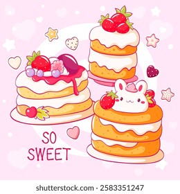 Card with cute dessert in kawaii style. Pile of pancakes with whipped cream and strawberry. Inscription So sweet. Can be used for t-shirt print, sticker, greeting card. Vector illustration EPS8