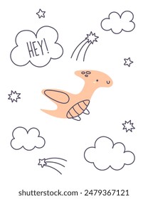Card with cute dinosaur. Funny dinosaur flies in space. Pterodactyl among stars and clouds. Cute Dino poster. Cartoon card. Hand drawn cute doodle character Animal. Vector illustration