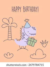 Card with cute dinosaur. Funny dinosaur with party hat and gift. Happy Birthday lettering. Plants, palm trees, flowers in doodle style. Vector illustration