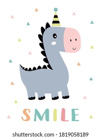 card with cute dinosaur and lettering smile isolated on white background, vector illustration