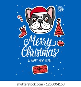 Card Cute Dog in Christmas santa hat. Lettering inscription. Vector Illustration holiday design. American Bulldog Puppy hand drawn stickers. Winter frosty style
