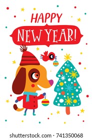 Card with a cute dog. Happy New Year! Childish vector illustration.