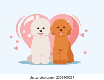 A card with cute dogs. Bichon and a poodle with a heart.
