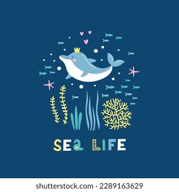 Card with cute dolphin. Vector illustrations