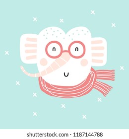 Card with cute elephant. Baby animal character. Can be used print print for t-shirts, home decor, posters, cards. Autumn, winter.
