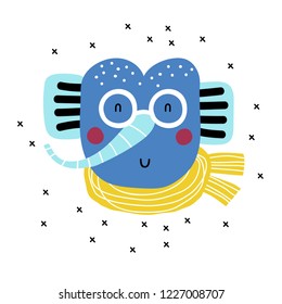 Card with cute elephant. Baby animal character. Can be used print print for t-shirts, home decor, posters, cards. Winter.