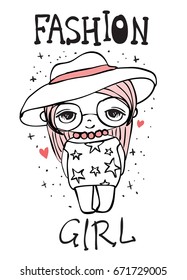 Card with cute fashion girl with packages and hand drawn lettering -Fashion girl