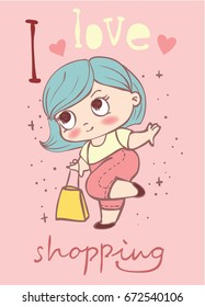 Card with cute fashion girl with packages and hand drawn lettering - I love shopping