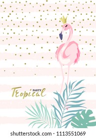  Card with cute flamingo. Vector summer illustration. Watercolor style