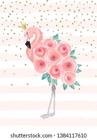 Card with cute flamingo. Vector summer illustration. Watercolor style