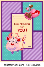 A Card of Cute Fluffy Pink Monster with Many Eyes Jumping Happily to Celebrate Valentine Day