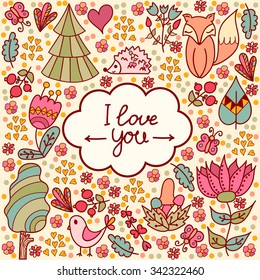 Card cute forest with trees, animals, mushrooms,flowers and leafs. Vector. Doodle. Valentines day card