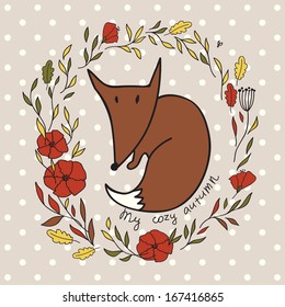 Card with cute fox with garland of leaves and flowers.