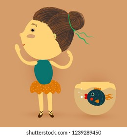 Card  with cute funny little  ballerina dancing for her pet. Vector illustration. Can be used for baby t-shirt print, fashion print design, kids wear.