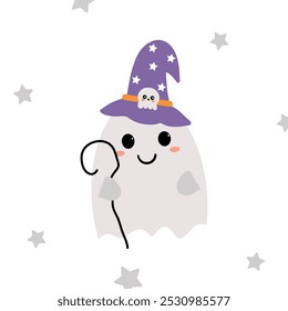 Karte mit niedlichen Geist tragen Cartoon Hexenhut und Zauberstab für Halloween. süße Halloween Tapeten und Karten