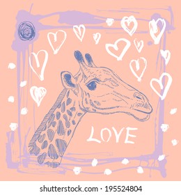 Card with cute giraffe and heart. Sketch. love. Pink and lilac. vector