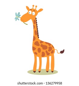 Card with cute giraffe holding a flower