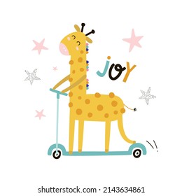 
Card with cute giraffe on a scooter. Kids print. Vector hand drawn illustration.