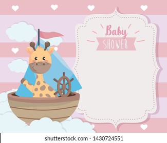card of cute giraffe in the ship and clouds