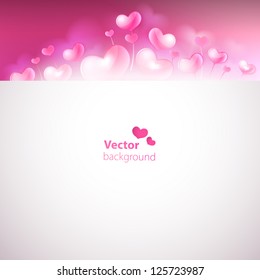 Card with cute glossy hearts on blurred background. Vector versi