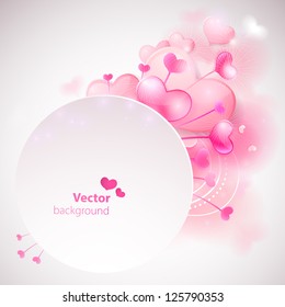 Card with cute glossy hearts on blurred background. Vector version.