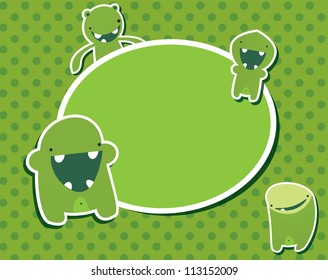 Card with cute green monsters, with place for text, vector