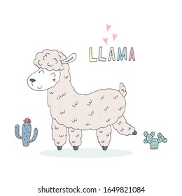 Card with Cute hand drawn funny llama. vector print